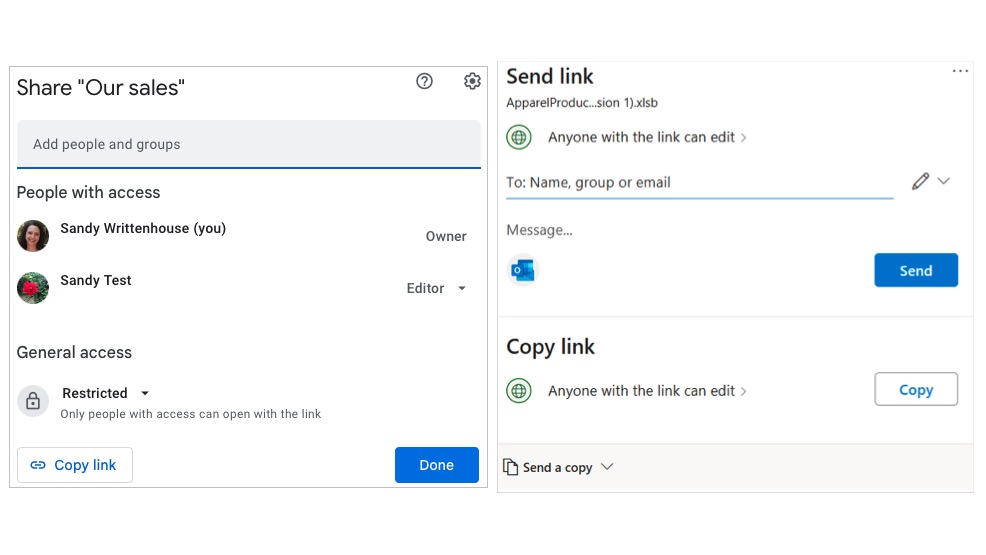 Google Sheets and Excel share options.