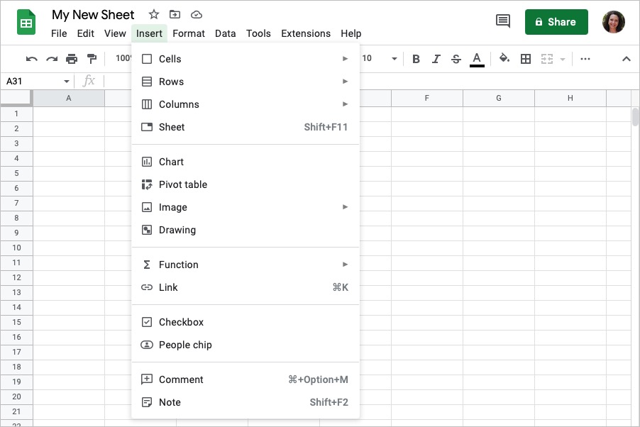 Insert menu options in Google Sheets.