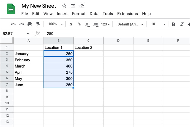 Selected cells highlighted in a Google Sheet.