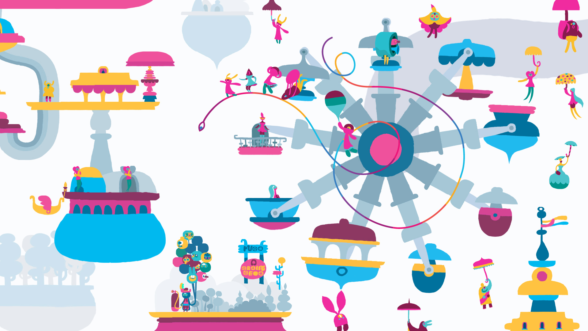 Characters ride a ferris wheel-like structure in Hohokum.