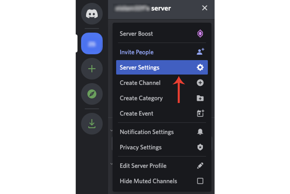 The Server settings option on Discord for deleting a Discord server.