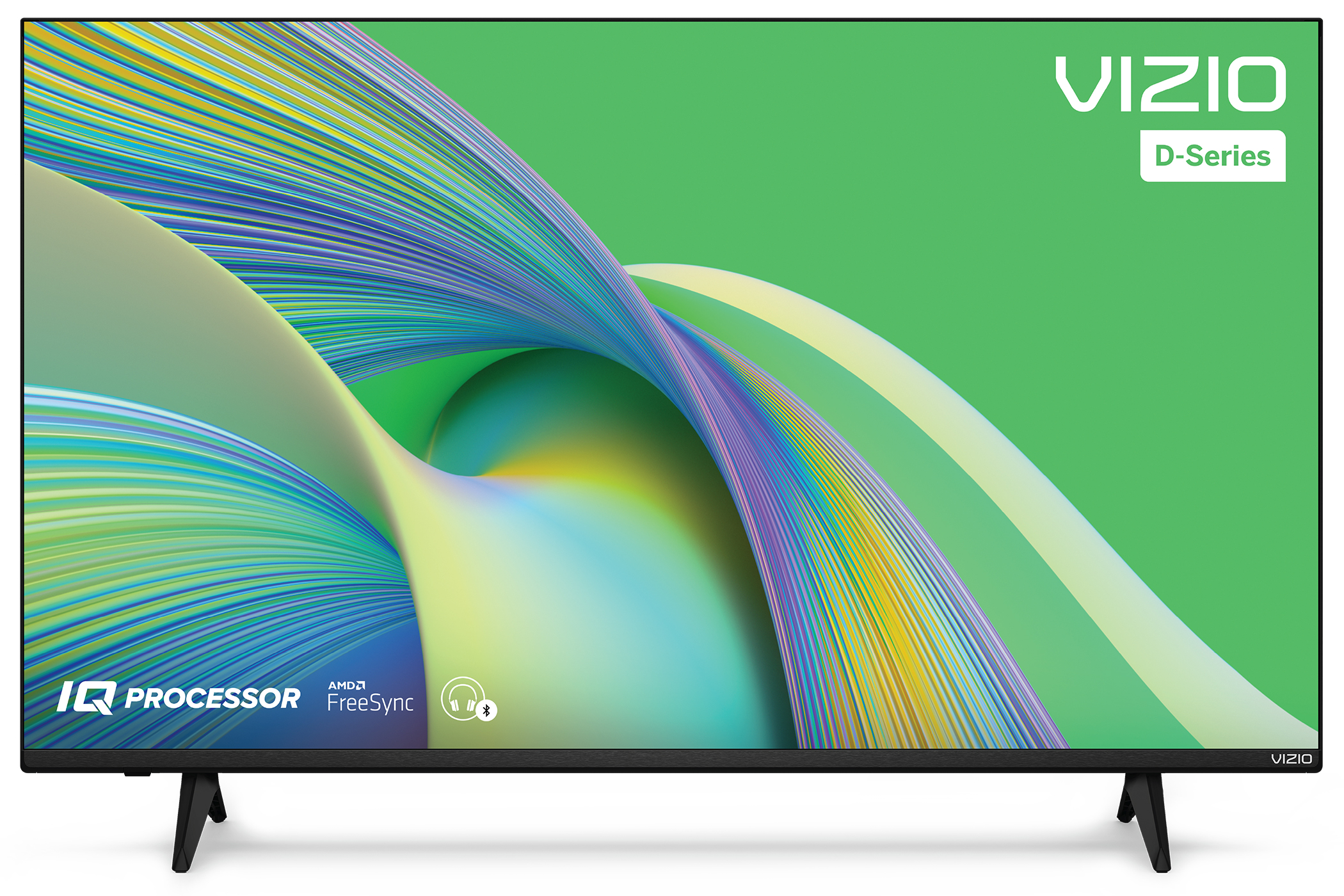 विज़िओ डी-सीरीज़ टीवी एक सफेद पृष्ठभूमि पर एक मार्केटिंग स्क्रीन प्रदर्शित कर रहा है।