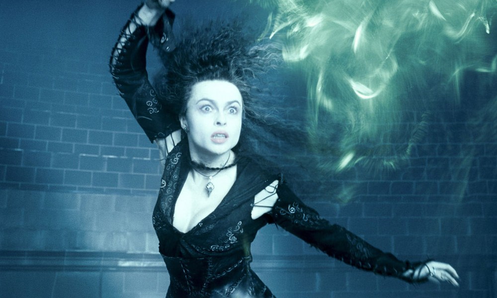 Helena Bonham Carter casts a spell as Bellatrix Lestrange in a Harry Potter movie.