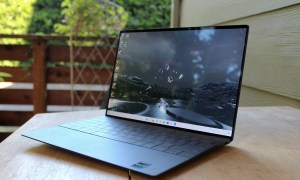 The Dell XPS 13 Plus on a table outside.