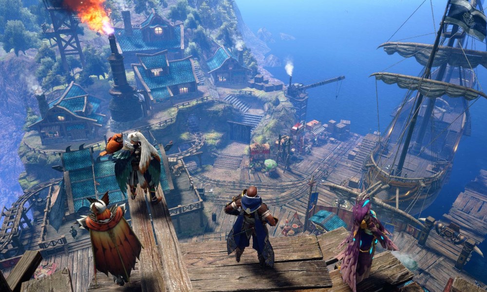 Players look over a harbor in Monster Hunter Rise: Sunbreak.