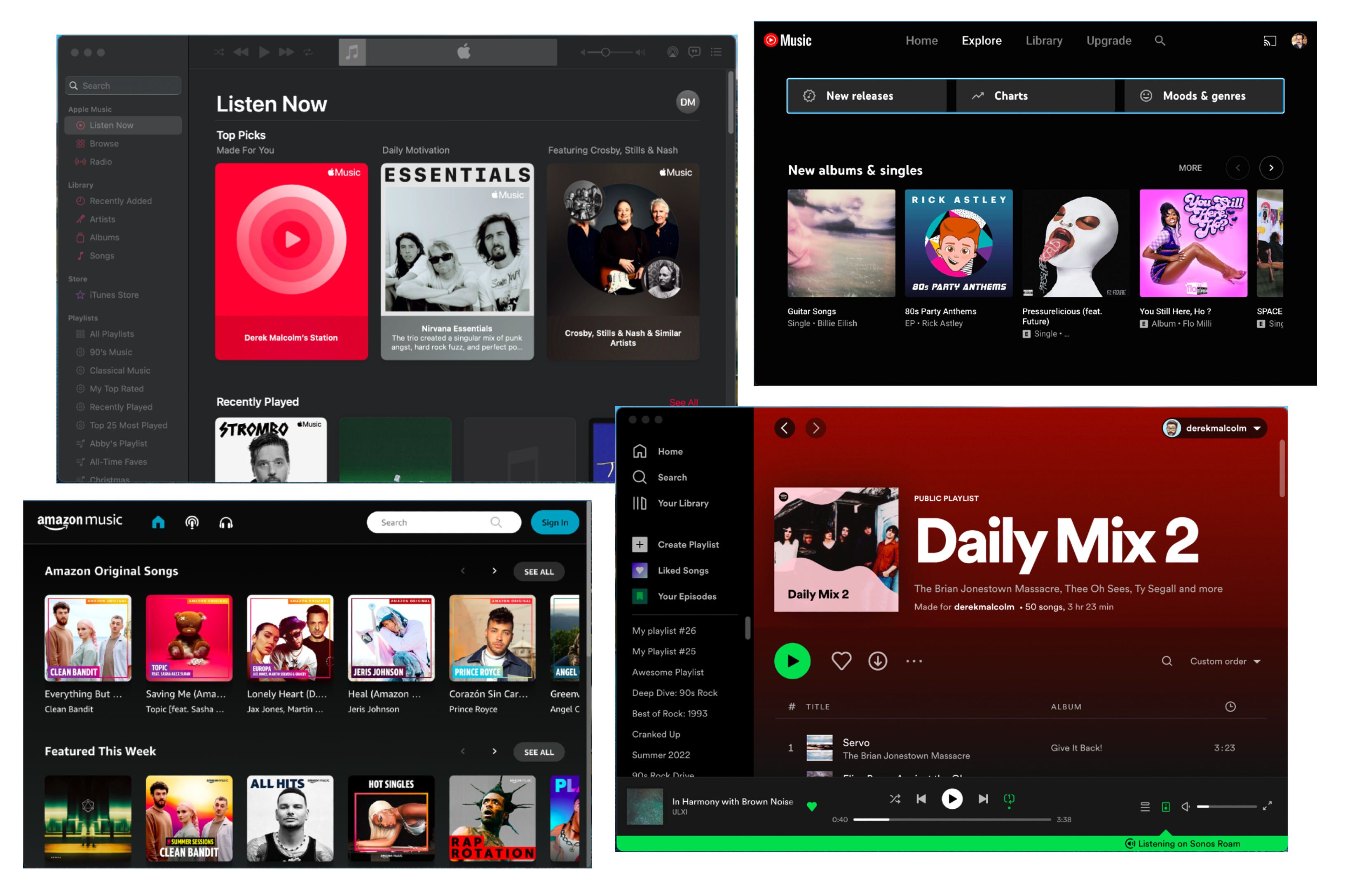 Eine Collage aus Musik-Streaming-Diensten, darunter Apple Music, Spotify, Amazon Music und YouTube Music.