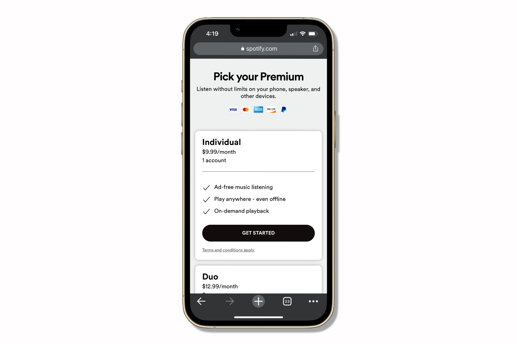 Spotify auf einem iPhone mit der Seite „Spotify Premium kaufen“.