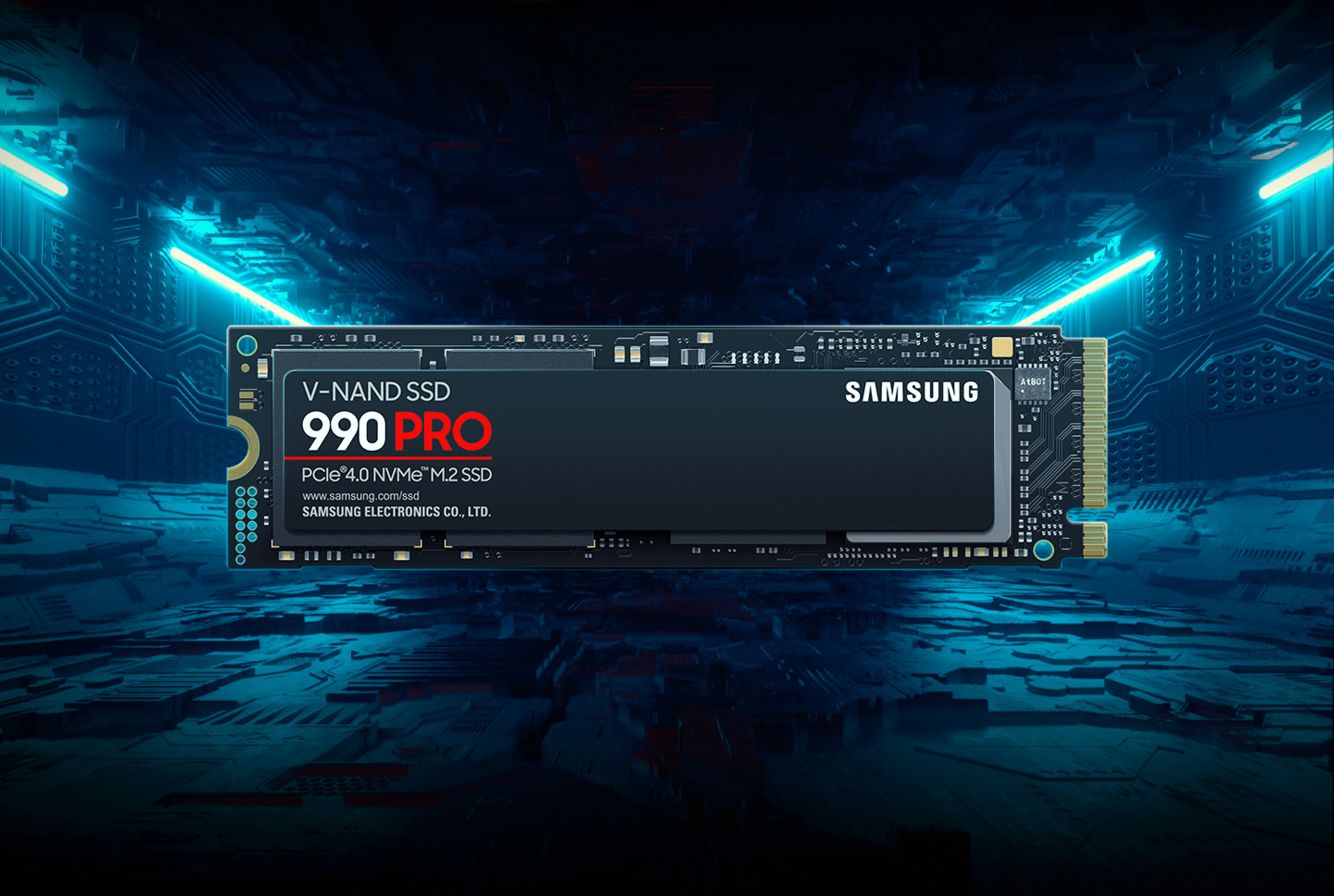 Samsung 990 Pro SSD on dark background.