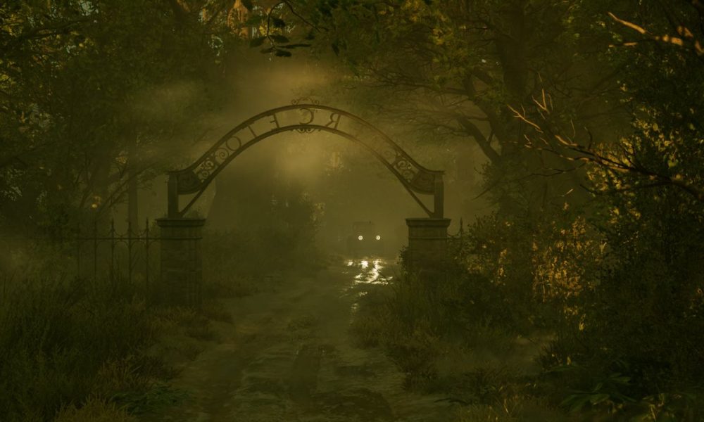 A car driving up to a foggy gate.