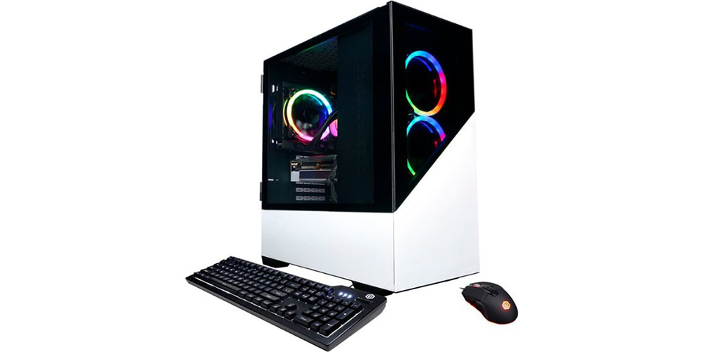 The CyberPowerPC Gamer Supreme Gaming Desktop next to a keyboard and mouse.