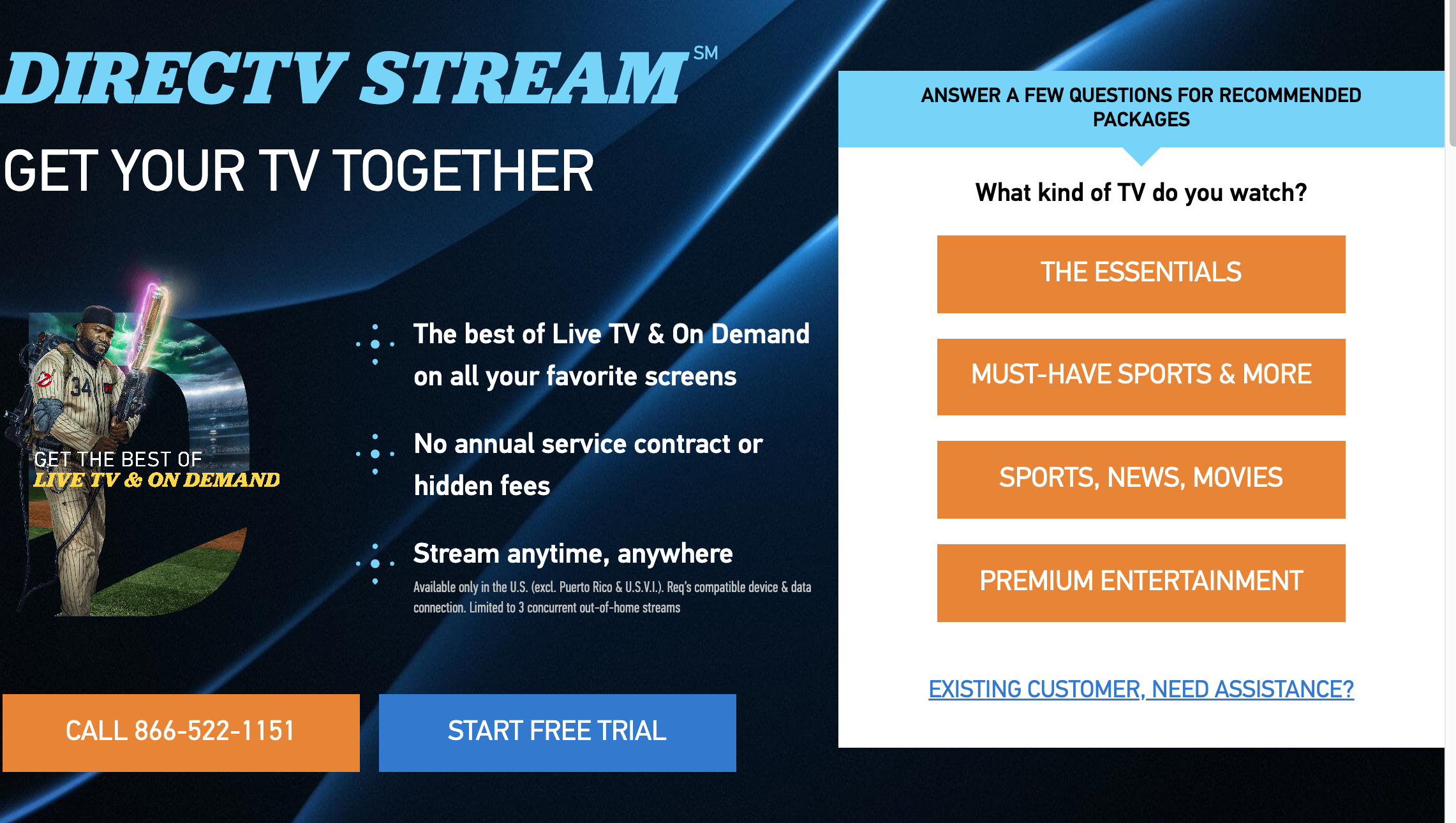 Homepage of DirecTV Stream.