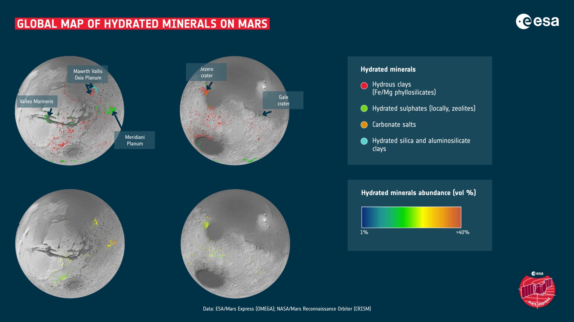 Mapa global detalhado de depósitos minerais hidratados em Marte.