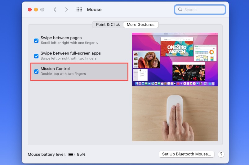 Настройка мыши для доступа к Mission Control на Mac.
