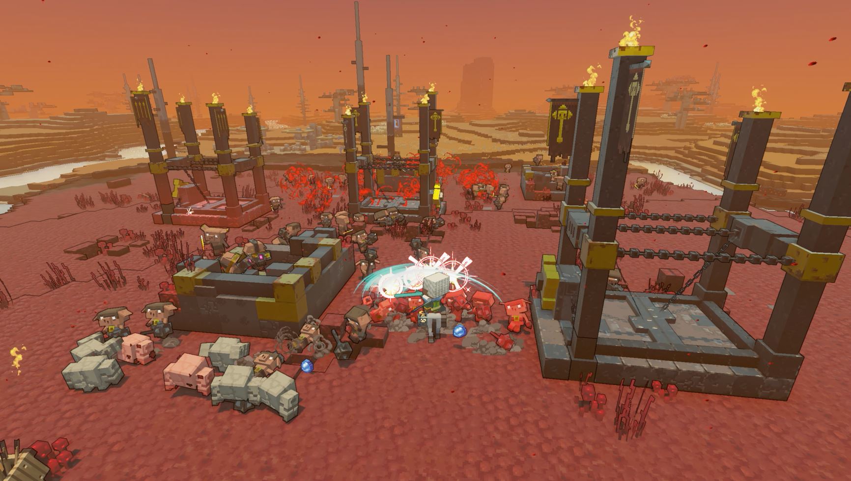 This screenshot shows combat in the Nether in Minecraft Legends.