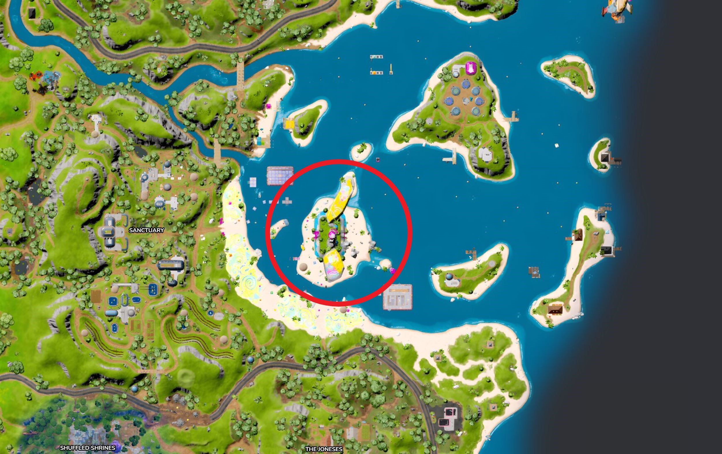 Map of islands east of Sanctuary in Fortnite.