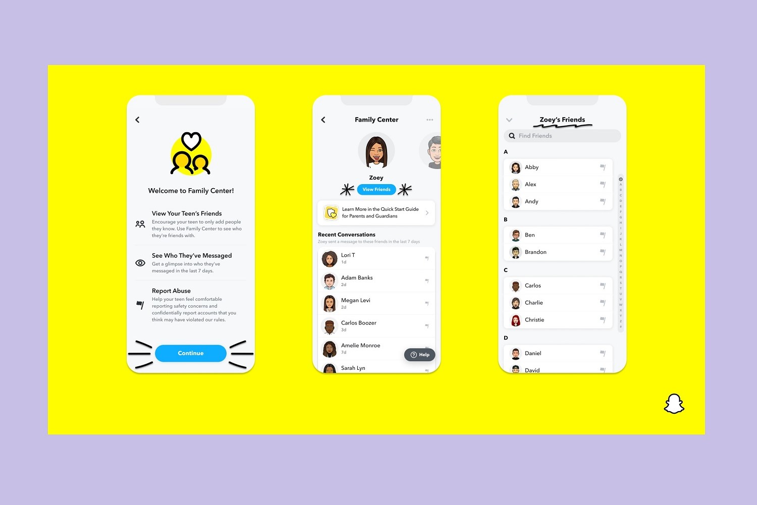 مجموعه ای از سه اسکرین شات موبایل که ویژگی Snapchat Family Center را در عمل نشان می دهد، همه در پس زمینه زرد روشن.