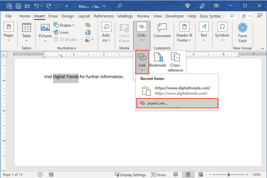 How to add hyperlinks in Word