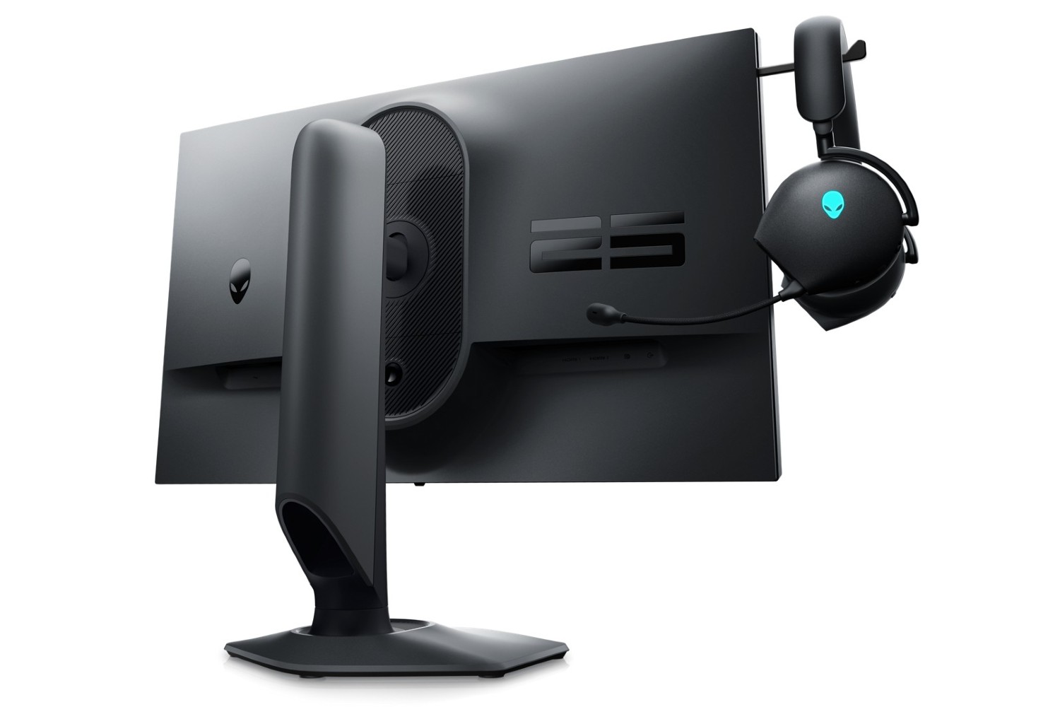 An Alienware monitor with a headset holder.