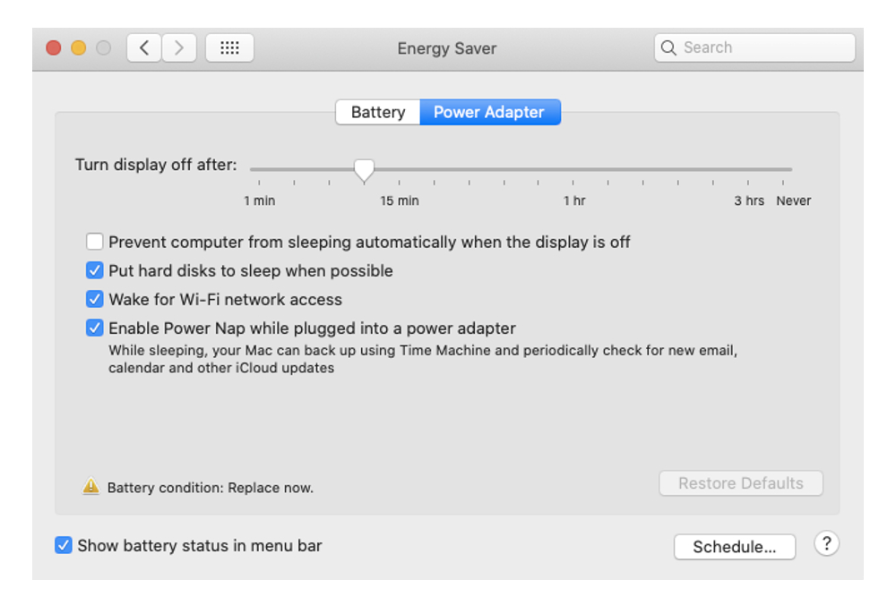 The Power Adapter Energy Saver options on Mac.