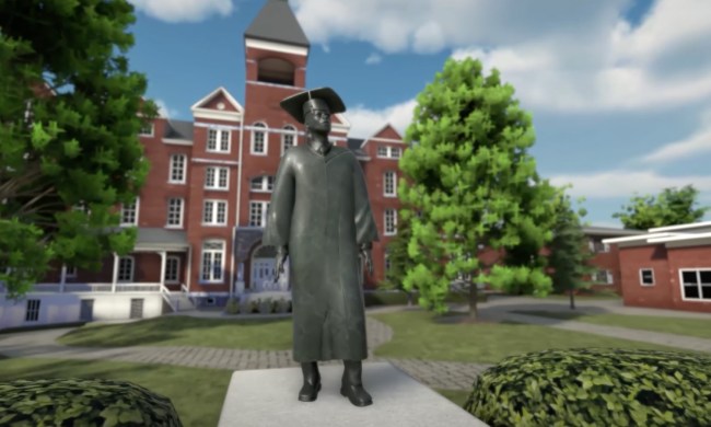 A statue and building from a virtual university in the metaverse.