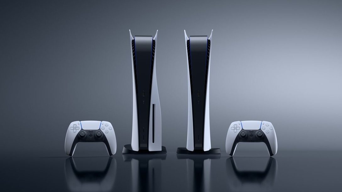 Two playstation 5s standing up.