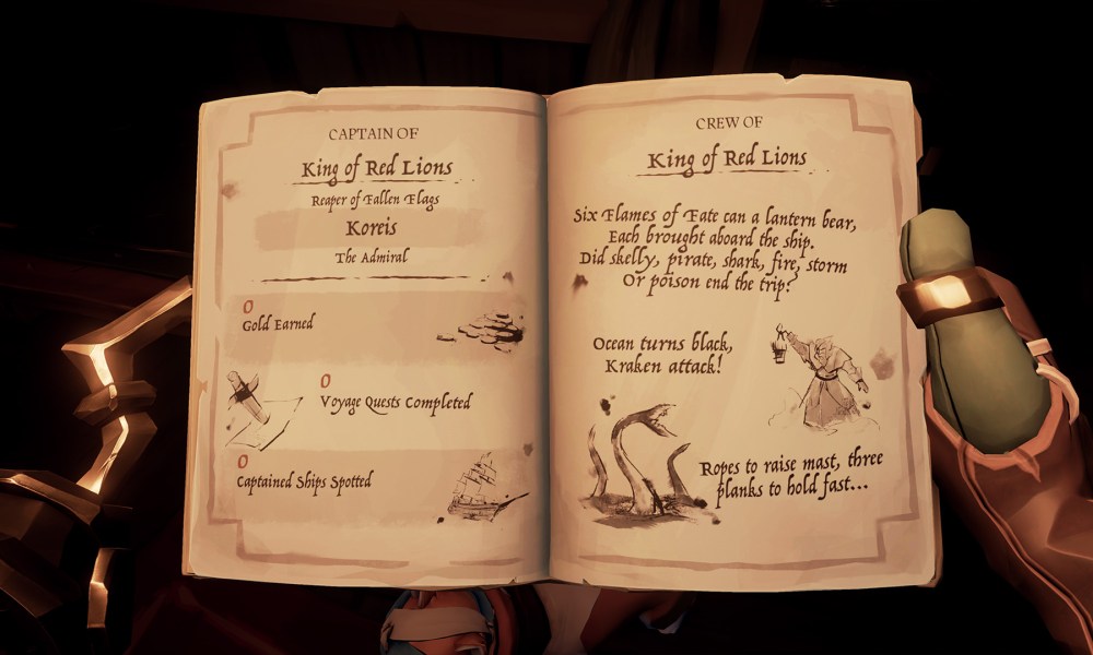 A logbook is held open, the contents identifying Koreis as captain of the ship in Sea of Thieves.