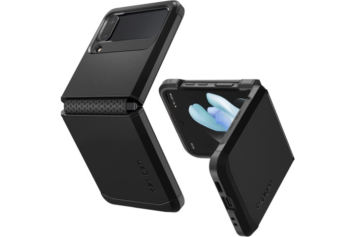 The Samsung Galaxy Z Flip 4 in Spigen's Tough Armor Case with Hinge Protection, showing the phone at various angles.