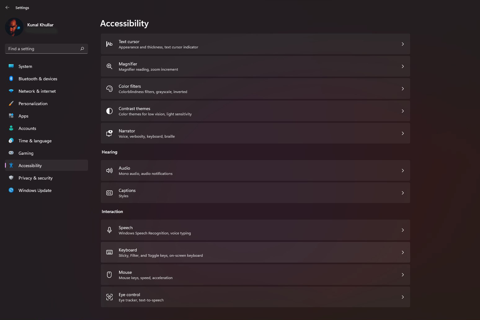 Captura de pantalla de cómo abrir la configuración de accesibilidad del teclado en Windows 11.