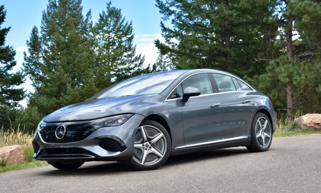 Front three quarter view of the 2023 Mercedes-Benz EQE sedan.