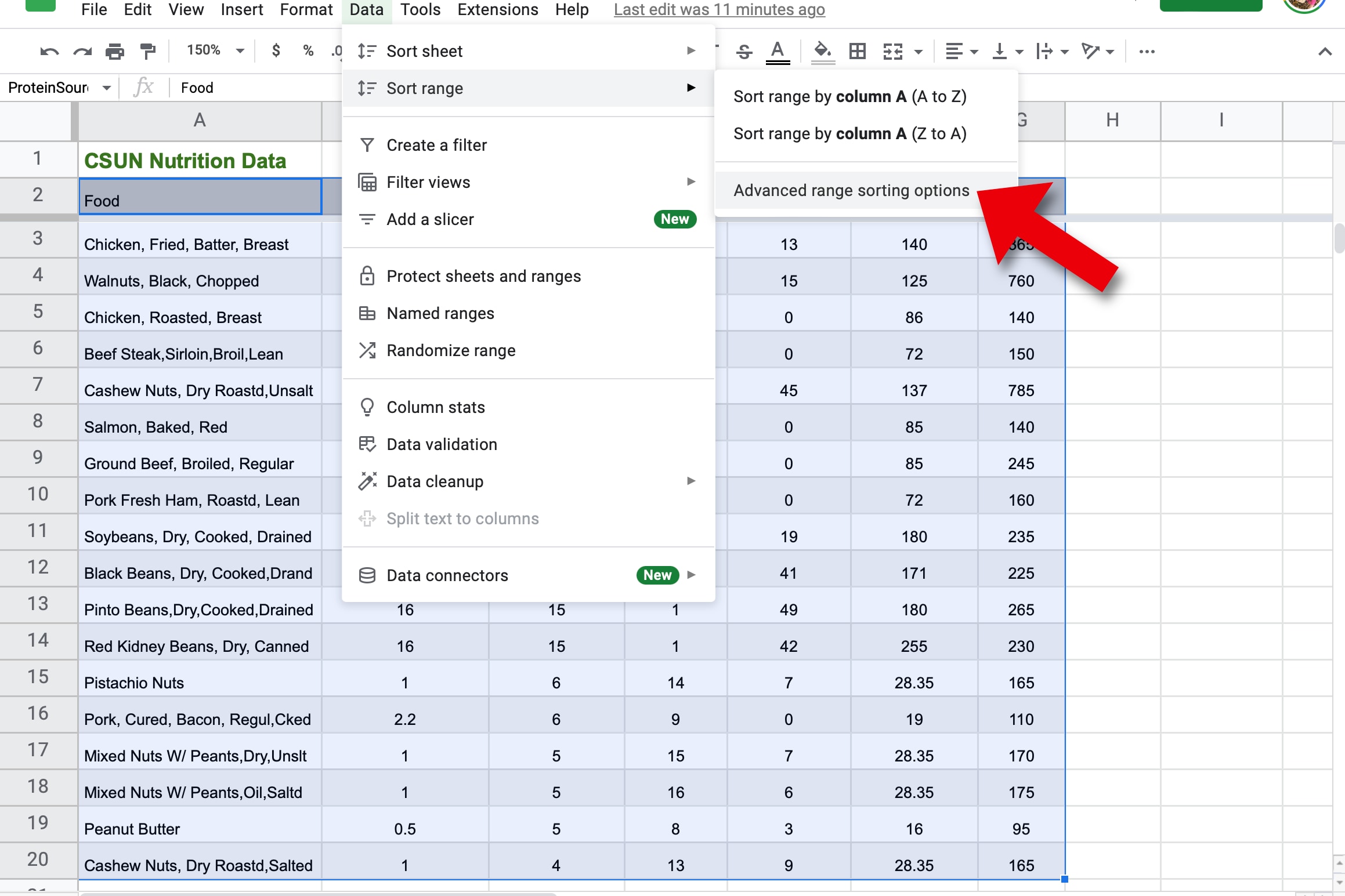 Le tri avancé de Google Sheets se trouve dans le menu Données.