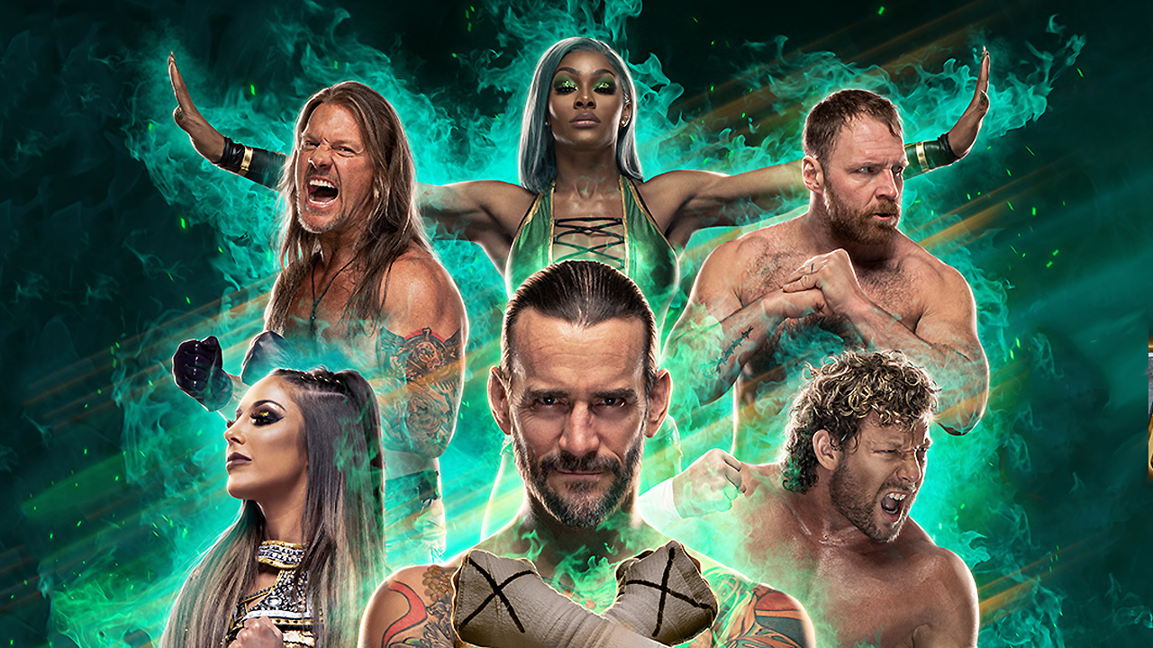 Chris Jericho, Jade Cargill, Jon Moxley, Britt Baker, CM Punk und Kenny Omega auf dem Cover von AEW: Fight Forever.