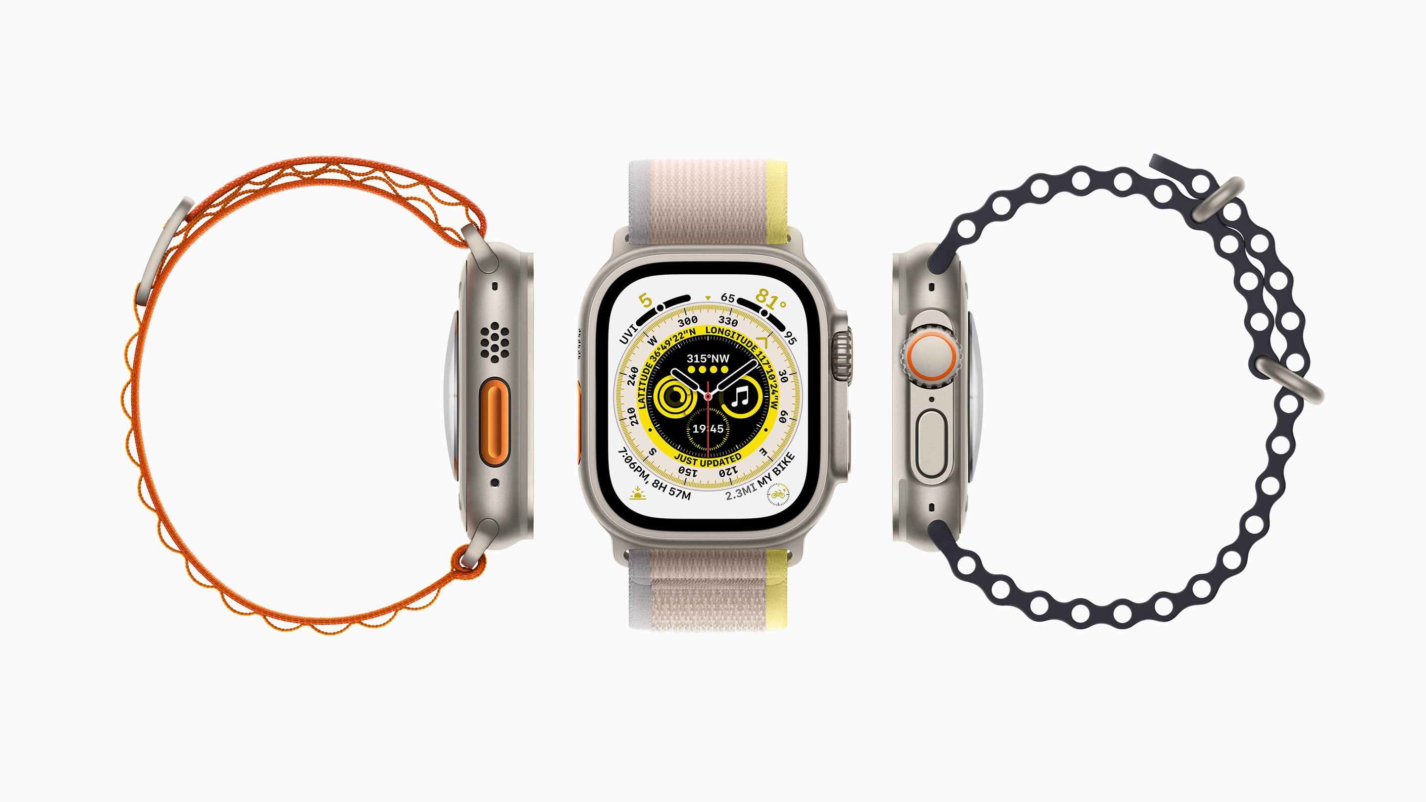 Front- und zwei Seitenansichten der Apple Watch Ultra.