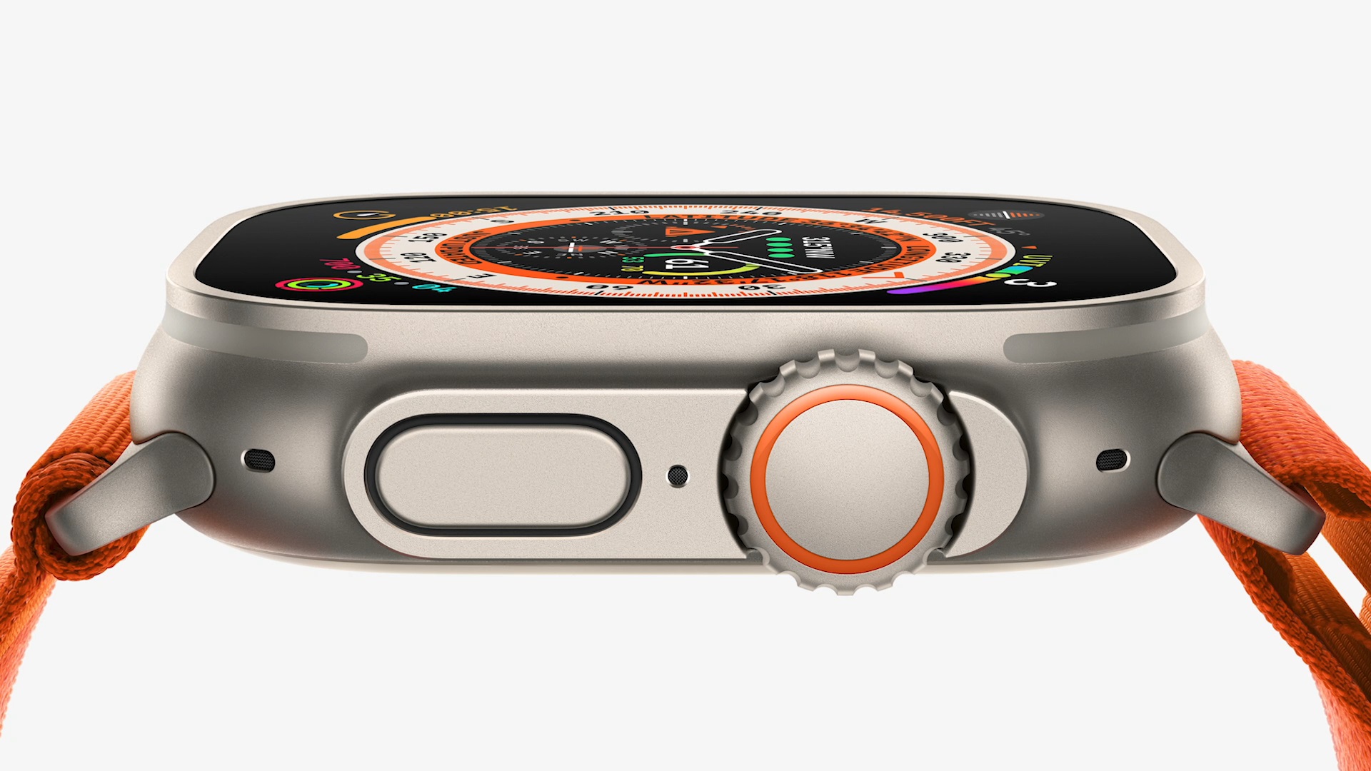 Eine Nahaufnahme der Krone an der Seite der Apple Watch Ultra.