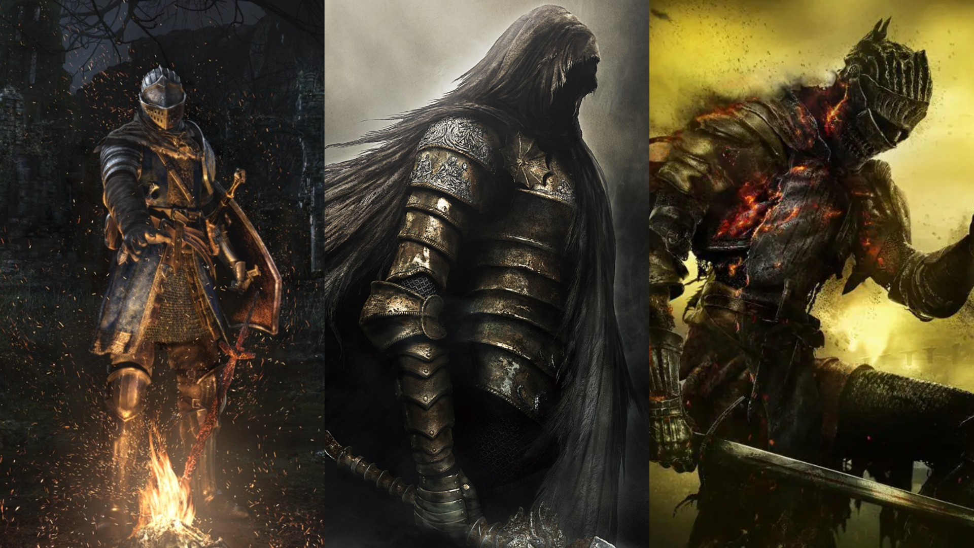 Split view of Dark Souls, Dark Souls II and Dark Souls III key art.