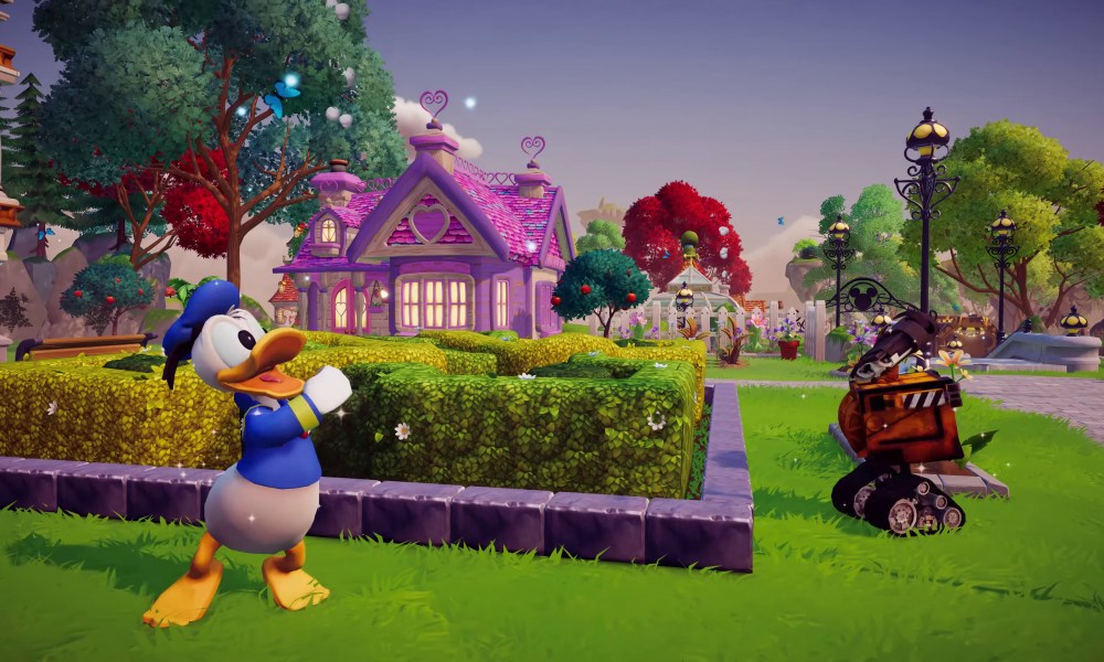 Donald Duck walks through a town in Disney Dreamlight Valley,