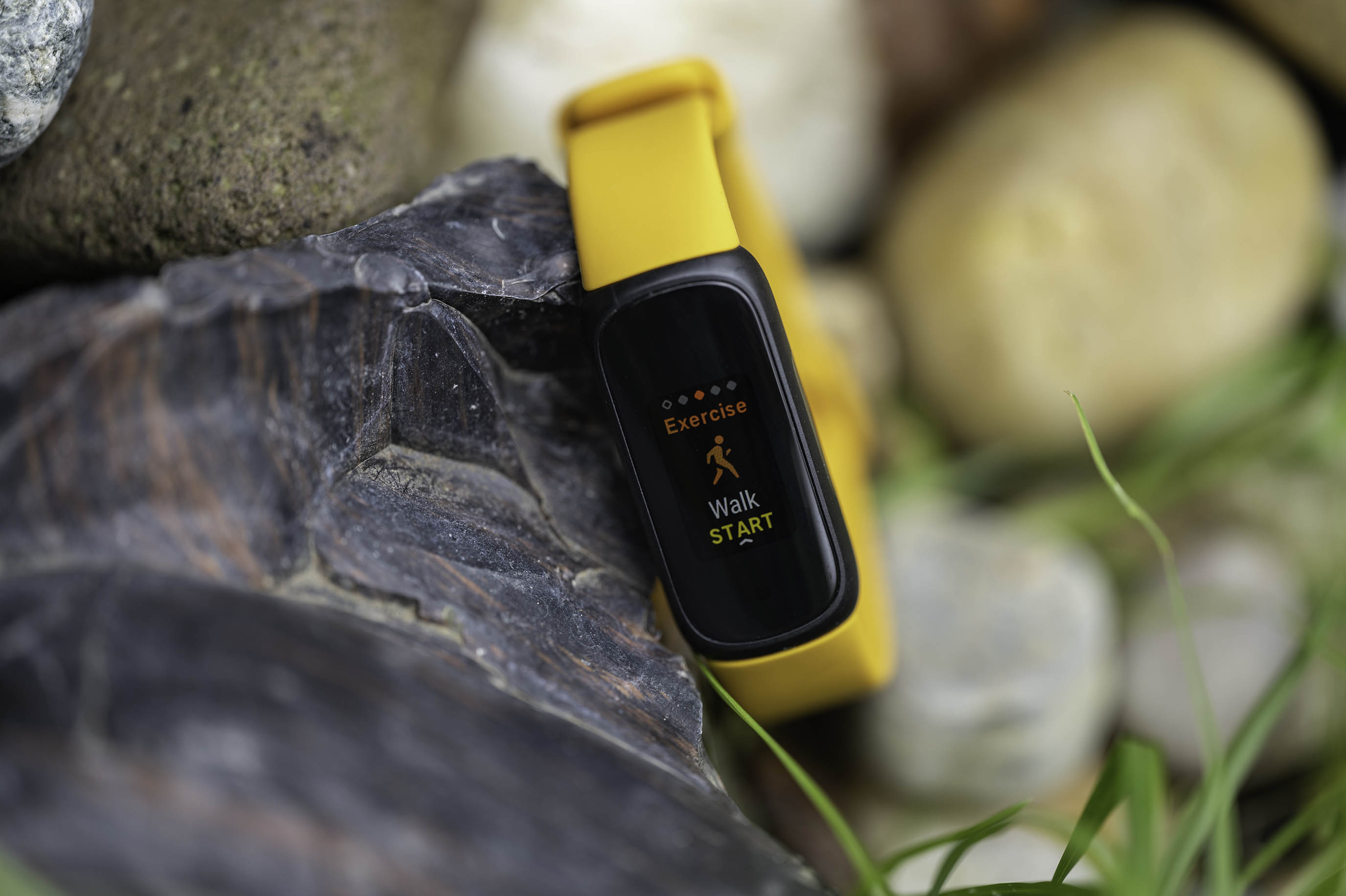 The Fitbit Inspire 3 leaning on a rock.