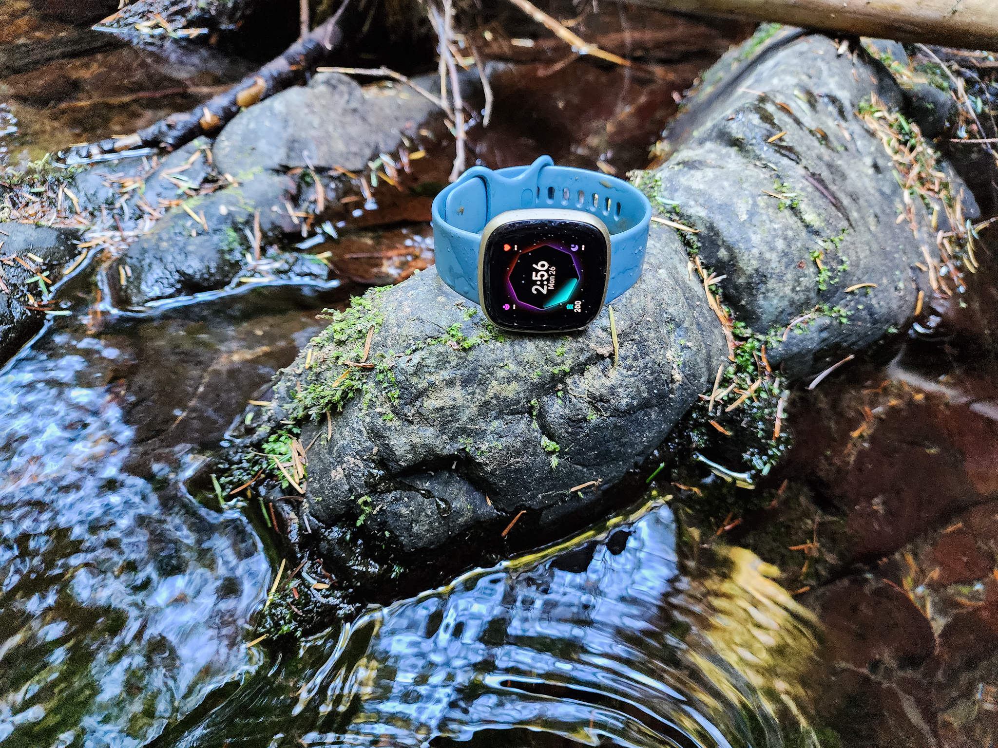The Fitbit Sense 2 on a rock next to a creek.