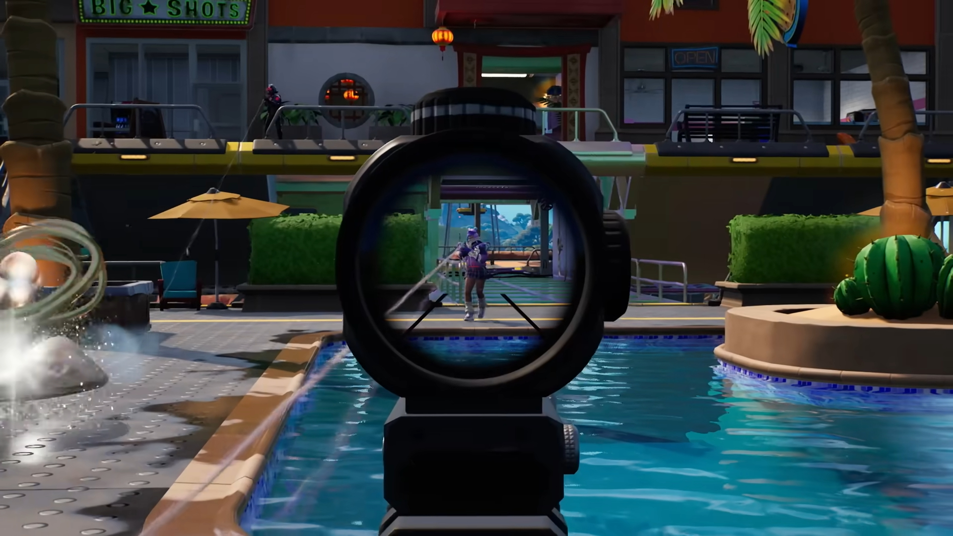 Aiming down sights with rifle in Fortnite.