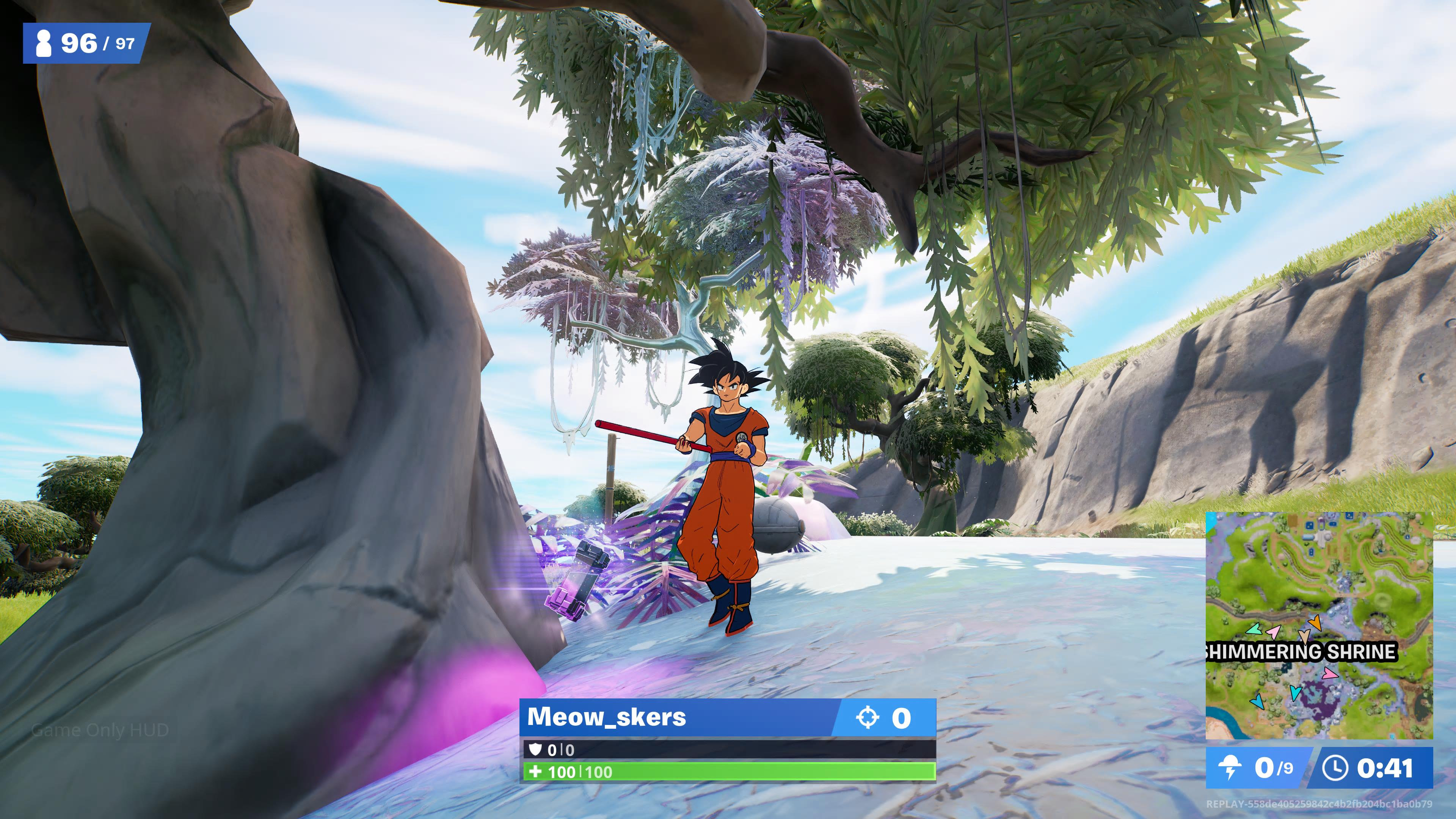 Goku next to Chrome tree in Fortnite.