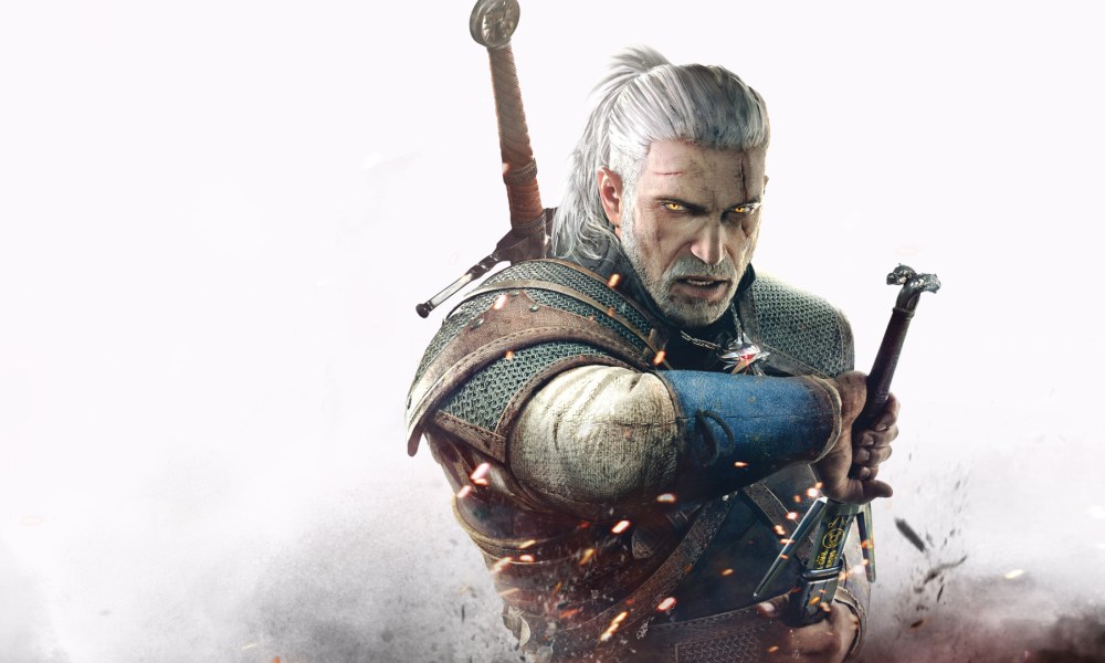 Geralt drawing his sword in The Witcher 3 promo art.