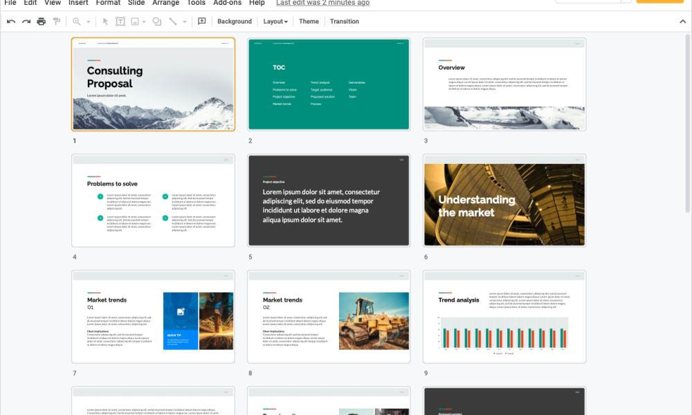 Grid view in Google Slides.