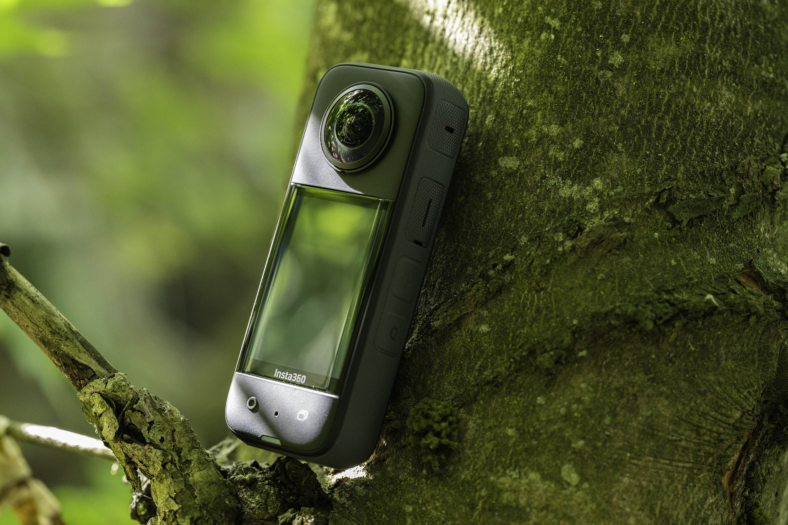 The Insta360 X3 sitting on the branch of a tree.