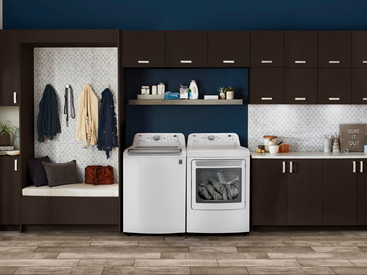    LG Smart Top Load Washer And Electrtic Dryer With Sensor Dry In A Family Mudroom 