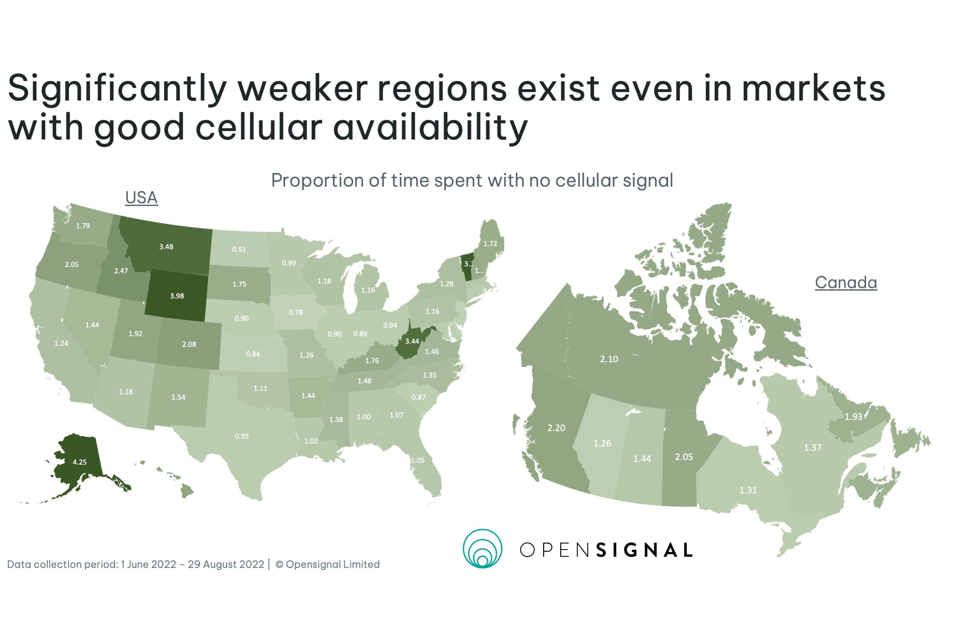 Map of U.S. states and Canadian provinces with poorest cellular coverage.