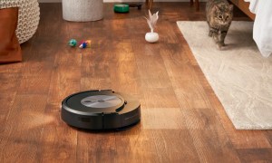 The Roomba Combo j7+ mopping wood floors.