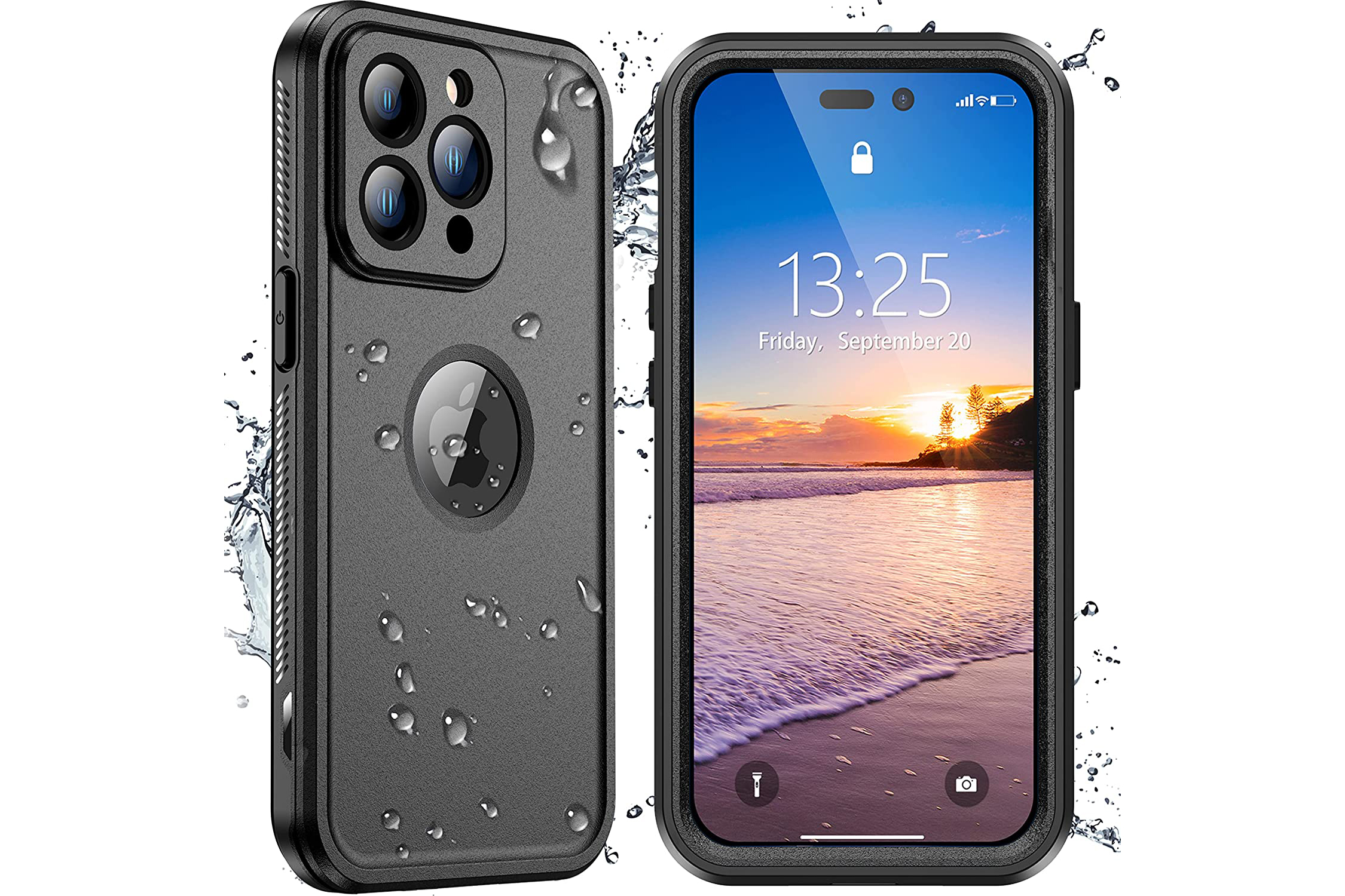 Spidercase für iPhone 14 Pro zeigt beide Seiten und Spritzwasser.