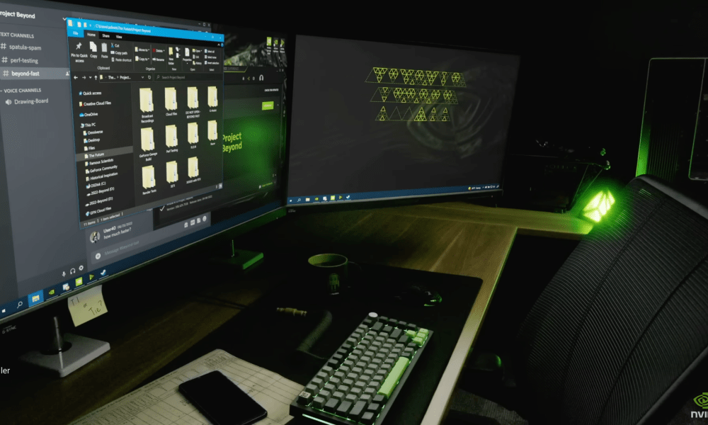 The GeForce Beyond stream showing a dual-monitor PC setup.