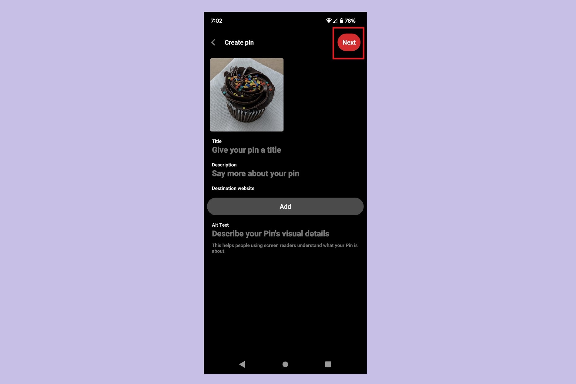 The Create pin screen on the Pinterest Android mobile app.