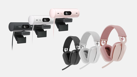 Drei Brio 500-Webcams in Schwarz, Weiß und Pink und drei Zone Vibe-Kopfhörer in den gleichen Farben