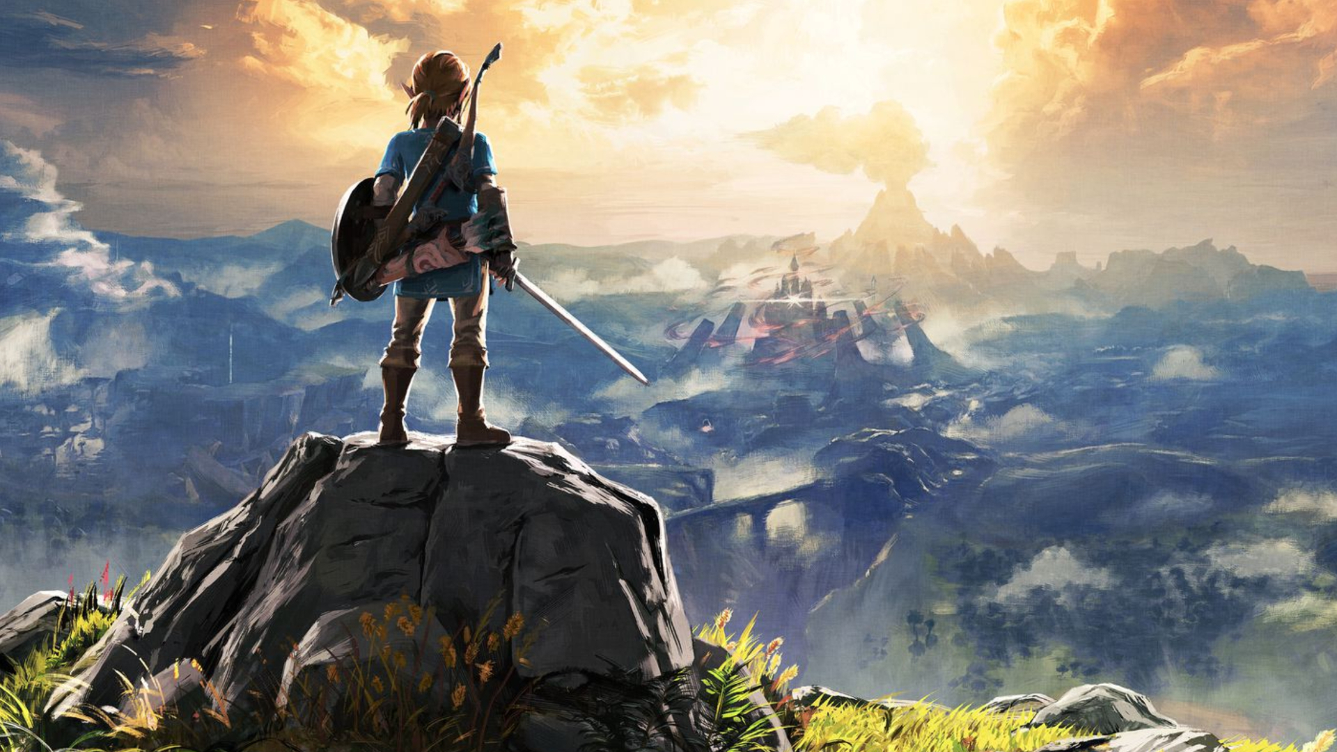 Link debout sur une colline surplombant le pays d'Hyrule.